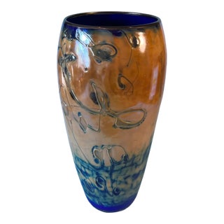 Abstract Textural Art Glass Amber Blue Ovoid Vase For Sale