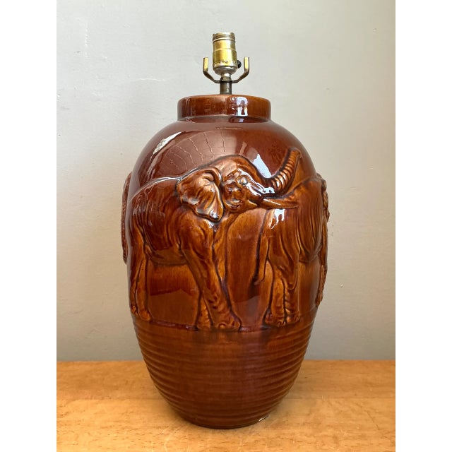 Vintage Brown Glazed Ceramic Elephant Lamp For Sale In West Palm - Image 6 of 12