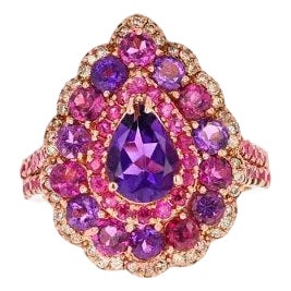 3.57 Ct Amethyst, Garnet, Pink Sapphire, Diamond 14k Rose Gold Cocktail Ring, Size 7 For Sale
