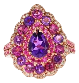 3.57 Ct Amethyst, Garnet, Pink Sapphire, Diamond 14k Rose Gold Cocktail Ring, Size 7
