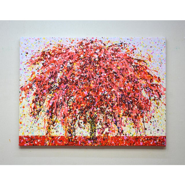 The Red tree 2. Acrylic paints in pink, purple, light blue splattered and splattered, creating a sense of movement and...