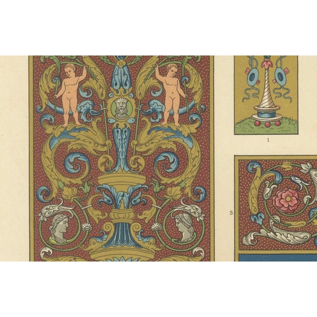 This richly colored chromolithograph, Plate LV from *L'Ornement Polychrome* (Paris, ca. 1869), showcases five exquisite...