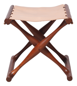 Folding Stool in Beige Leather by Poul Hundevad for Hundevad & Co, 1950s