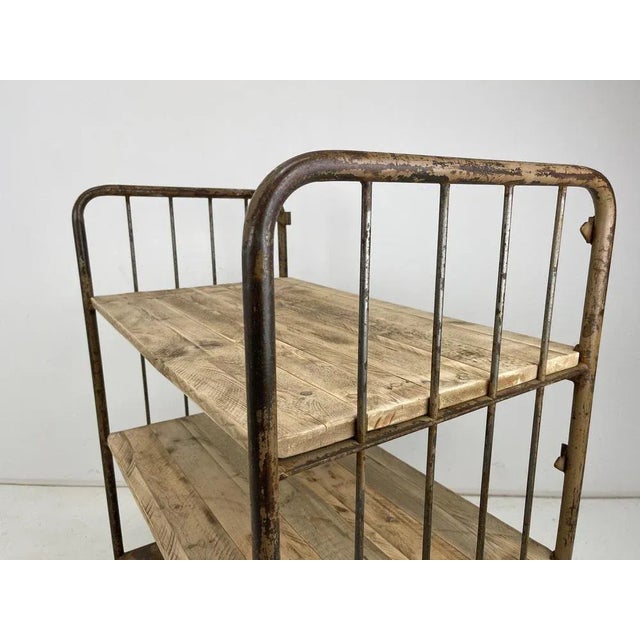 1950s Vintage Industrial Iron and Wood Shelves on Wheels For Sale - Image 5 of 10