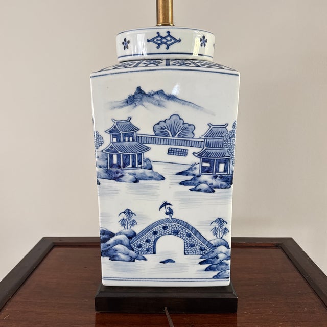 White Vintage Frederick Cooper Chinoiserie Blue & White Lidded Jar Table Lamp — 28” For Sale - Image 8 of 12