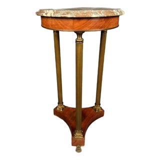Italian Neoclassical Marble Top Lamp Table With Mahogany & Brass Base, Circa 1950 For Sale