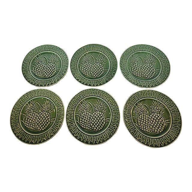 Vintage Bordallo Pinheiro Green Pineapple Majolica Salad Plates -Set of 6 For Sale