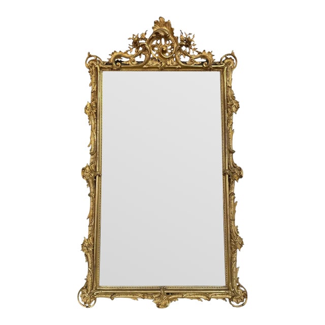 19th Century French Louis XV Carved and Giltwood Mirror With Crest For Sale