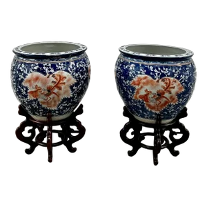 1960s X Large Pair of Japanese Porcelain Cherry Blooms and Phoenix Jardiniere Bowl Planters