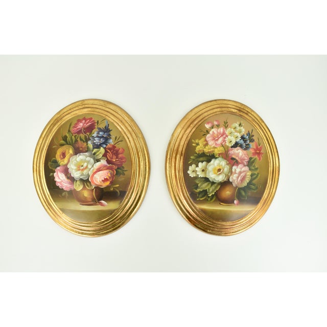 Mid-Century Modern Antique Mid Century Modern Convex Italian Oil Painting Set Wooden Panel | Oval Still Life Flowers Wall Decor | Golden Frame Regency Floral - a Pair For Sale - Image 3 of 7