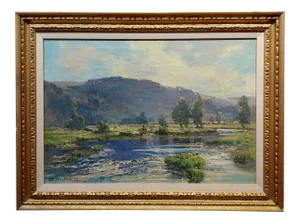 Bertram Pressman -Countryside in a River Landscape -Oil Painting 1918
