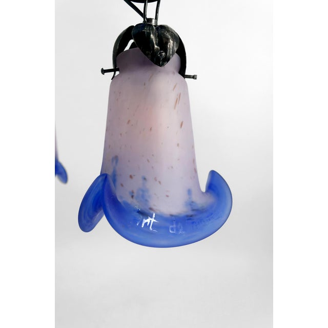 Art Deco Wrought Iron Chandelier with Blue Blown Glass, France For Sale - Image 10 of 12