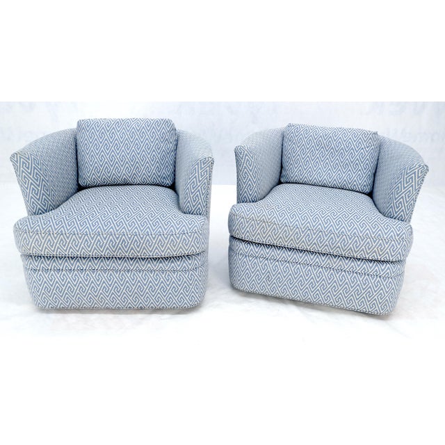Blue Pair of Blue & White Upholstery Vintage MCM Barrel Back Swivel Chairs For Sale - Image 8 of 13