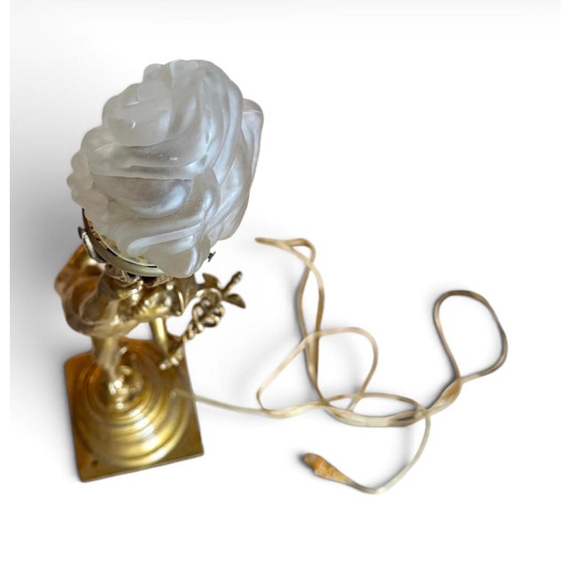 Figurative Fulvio Bianconi Style Murano Blue Art Neoclassical Gilt Mercury/Hermes Figural Newel Floor Lamp With Frosted Flame Shade For Sale - Image 3 of 7