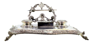 Relief Silver and Glass Inkwell Ceramic Interior Cores, Pen Holder, Stamp Tank and Feet