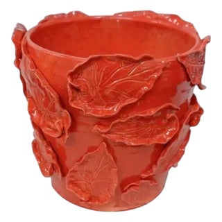 An Italian Red Glazed Ceramic Cachepot / Planter With Applied Leaves For Sale