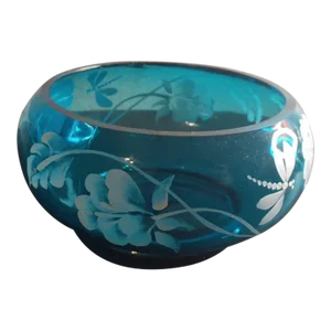 1960s Fenton Hand-Painted Blue Teal Rose Bowl