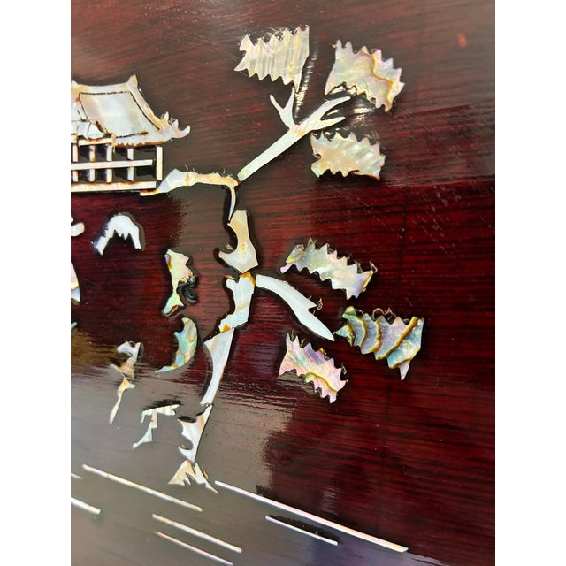 Brown Asian Lacquer Tray With Mother of Pearl Landscape Inlay For Sale - Image 8 of 10