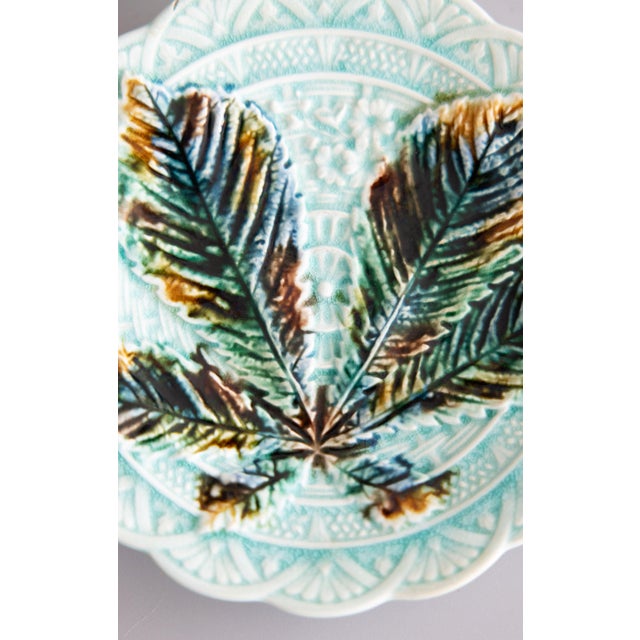19th Century Swedish Rörstrand Majolica Turquoise Chestnut Leaf Plate For Sale - Image 4 of 7