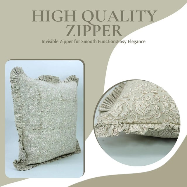 Art Deco Fabdivine Artisan Block Print Throw Frill Pillow Cover Green 14x20 Inch Thick Cotton White- 6 Kamal For Sale - Image 3 of 5