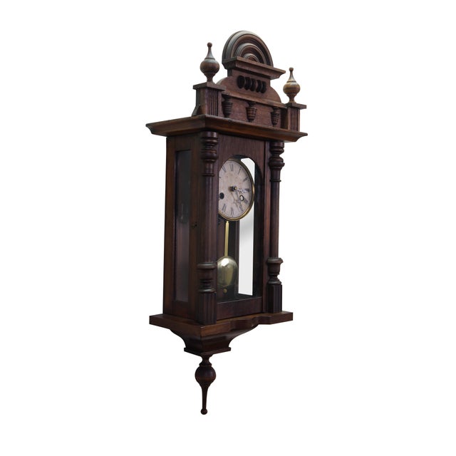 Victorian Antique German Junghans Vienna Mahogany Converted Battery Power Clock 31" For Sale - Image 3 of 18