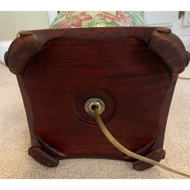 Late 20th Century Floral Ceramic Table Lamp With Celadon Glaze, Mahogany Base and Solid Brass Lid For Sale - Image 9 of 12