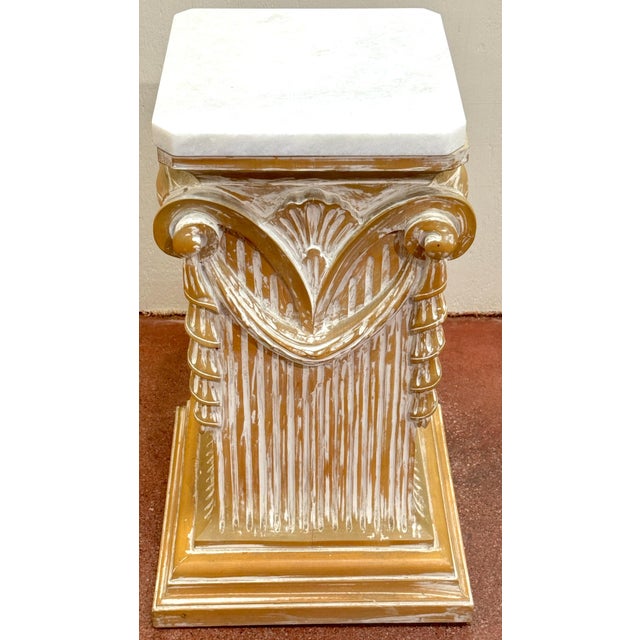 Pair of Modern Neoclassical Carved Wood Whitewashed Marble Pedestals For Sale - Image 12 of 12