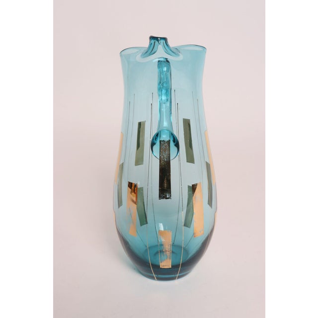 1960s Vintage Hungarian Hand Blown Blue Crystal Glass Pitcher With Gold Leaf Accents For Sale - Image 5 of 15