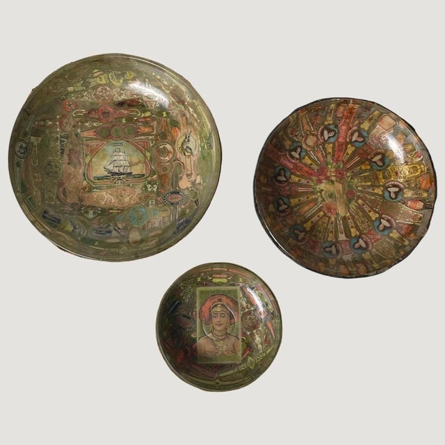 Antique Set of Folk Art Cigar Label Decoupage Glass Bowls (Ca. 1900)