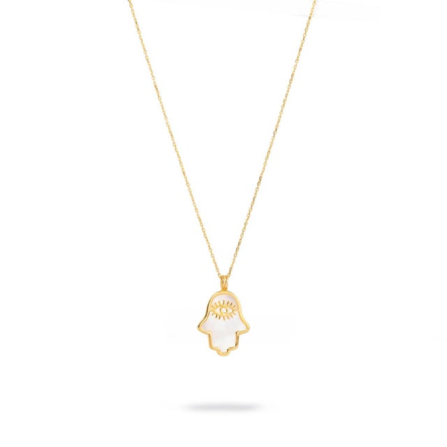 Pearl Divine Hamsa & Evil Eye Pendant Gold Vermeil Chain Necklace For Sale - Image 9 of 10