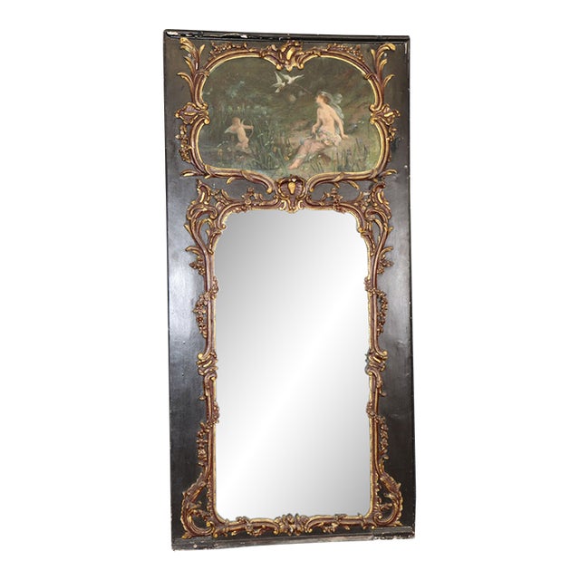 19th C French Louis XV Style Ebonized Trumeau Mirror With Painting of Nude For Sale