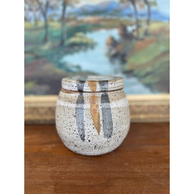 Signed 1978 Studio Pottery Jar by Alice - Hand-Thrown Speckled Stoneware With Painted Lid and Cobalt Glazed Interior. For Sale - Image 4 of 10