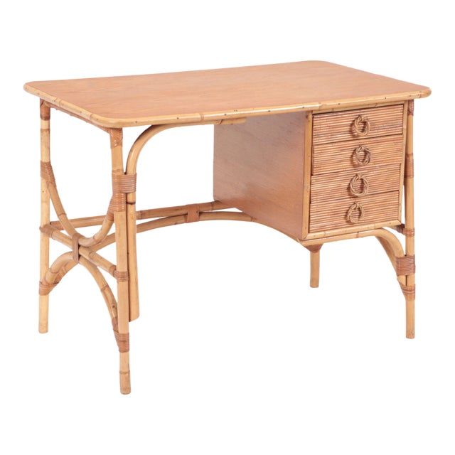 1950s Mid-Century French Four Drawers Rattan Desk For Sale