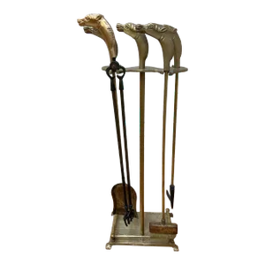 Vintage French Neoclassical Style Brass Horses Head Fireplace Tools - Set of 5