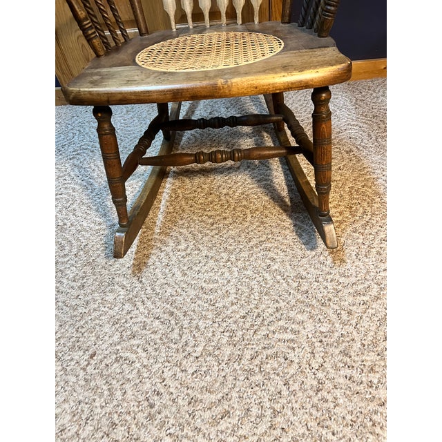 Antique Victorian Carved Crest Rocking Chair With Cane Seat – Late 19th / Early 20th Century For Sale - Image 4 of 6