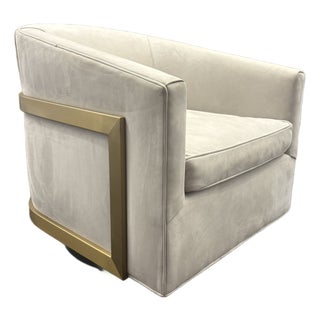 Rh Reginald Chair | Italian Veneto Leather – Ivory | Brass | Black Oak Drifted Base | 360° Swivel For Sale