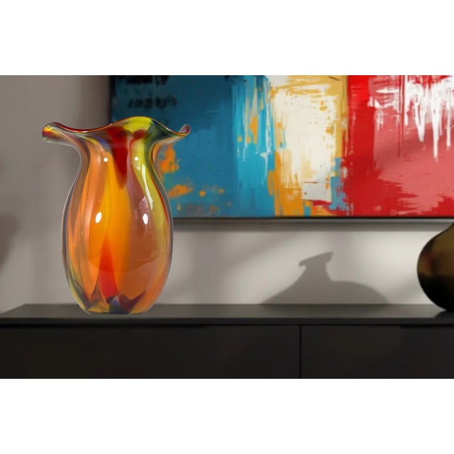 Murano Bulbous Orange Marbled Flared Lip Art Glass Vase For Sale - Image 4 of 16