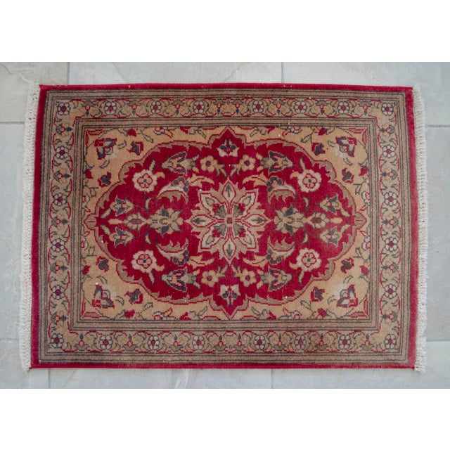 Distressed Turkish Yastik Petite Rug Low Pile Hand Knotted Mat - 1'8'' X 2'4'' For Sale - Image 12 of 14