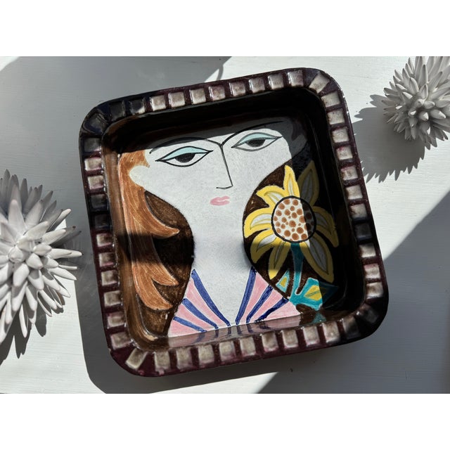 Fantastic, square shaped stoneware bowl/plate by Mari Simmulson for Upsala Ekeby Sweden. Art pottery signed by Mari...