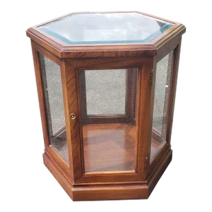 Vintage Fruitwood and Glass Paneled Hexagonal Side Table