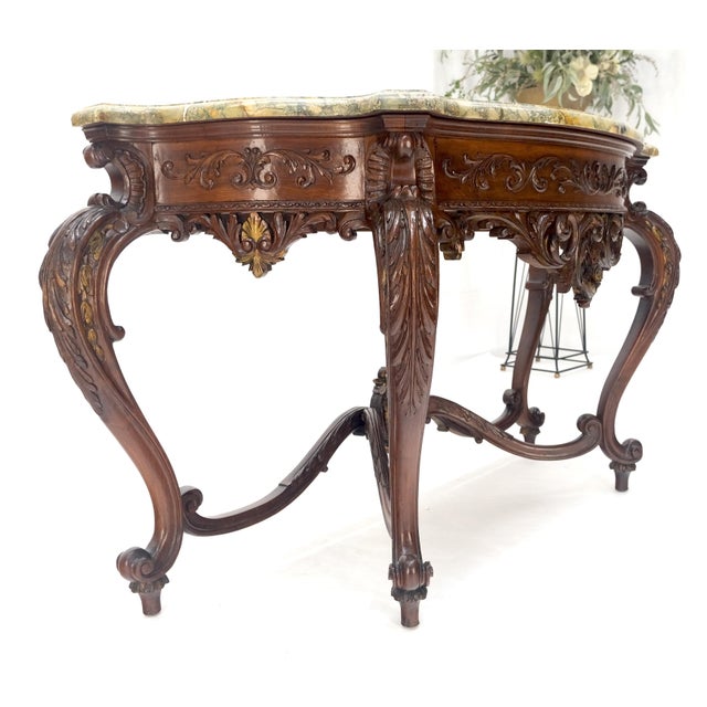 Regency Revival Heavily Fine Carved Stretcher Base Marble Top Console Table MINT For Sale - Image 9 of 18