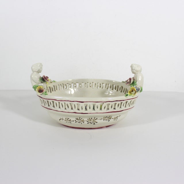 1930’s Italian Renaissance Revival Nove Rose Hand Painted Serving Bowl With Cherubs Made in Italy Nova Rose Floral Faïence Ceramic For Sale - Image 4 of 8