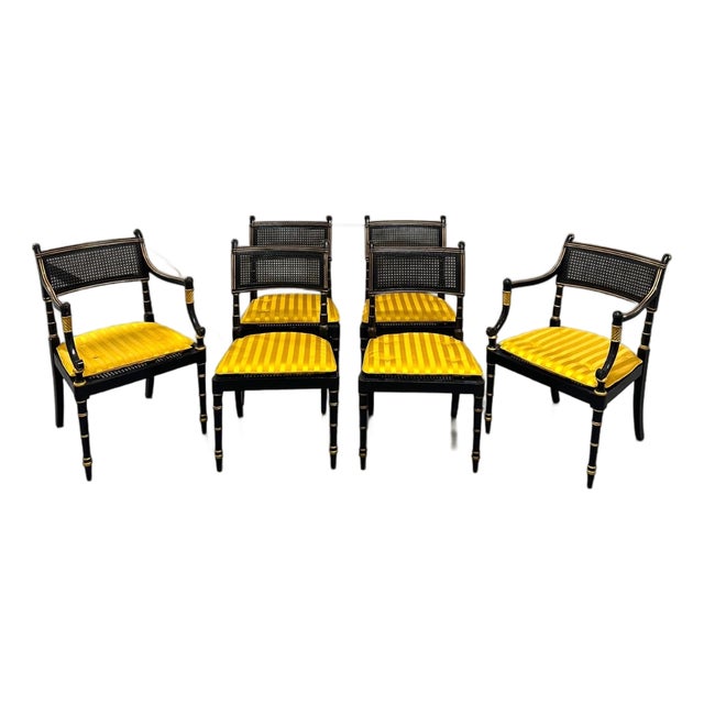 Late 20th Century Set of Six Baker Furniture Regency Ebonized and Parcel Gilt Cane Dining Chairs For Sale