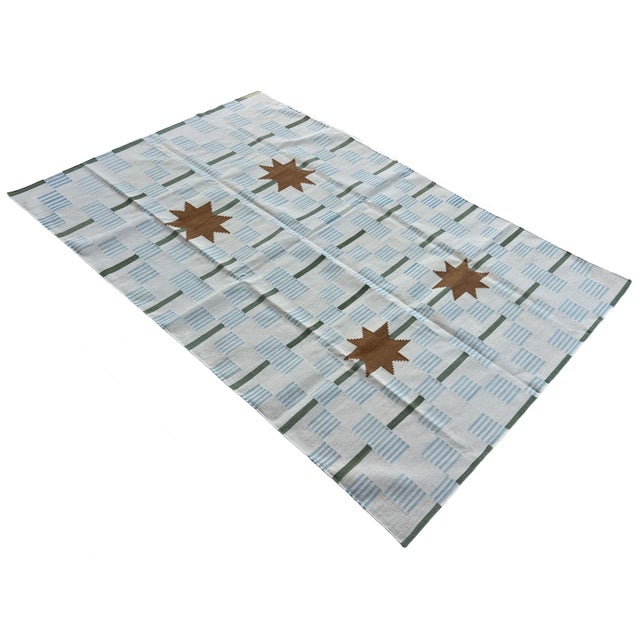 Handmade Cotton Vegetable Dyed Area Rug, White, Sky Blue, Sage Green Star Dash Striped Dhurrie-5'x8' For Sale - Image 10 of 13