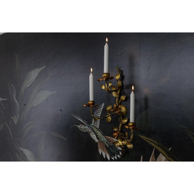 Hollywood Regency Gilt Tole Metal Triple-Arm Floral Wall Candle Sconce, 1970s For Sale - Image 6 of 18
