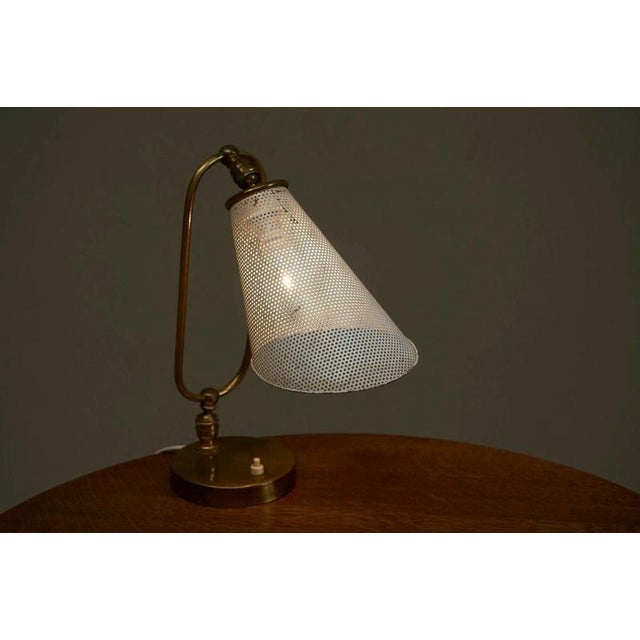 Metal Vintage French Table Lamp in Patinated Brass and Perforated Metal by Mathieu Matégot, 1950s For Sale - Image 7 of 14