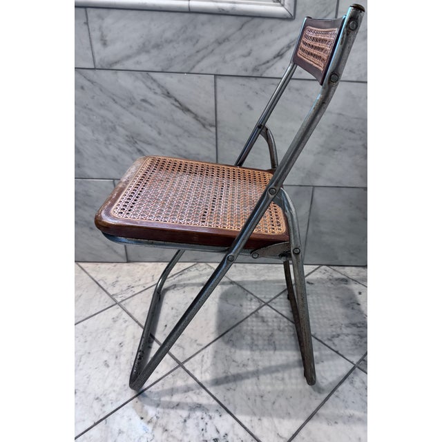 Wood Four MCM Industrial Cane Mid Century Folding Chairs For Sale - Image 7 of 10