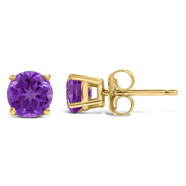 Contemporary 14K Yellow Gold 5X5MM Round Purple Amethyst Solitaire Stud Earrings For Sale - Image 3 of 5