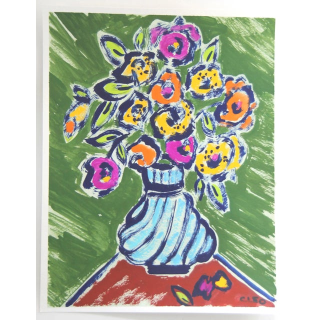 Fauvist impressionist floral still life with vase, a la Matisse, in shades of green, navy blue, orange, red violet, and...