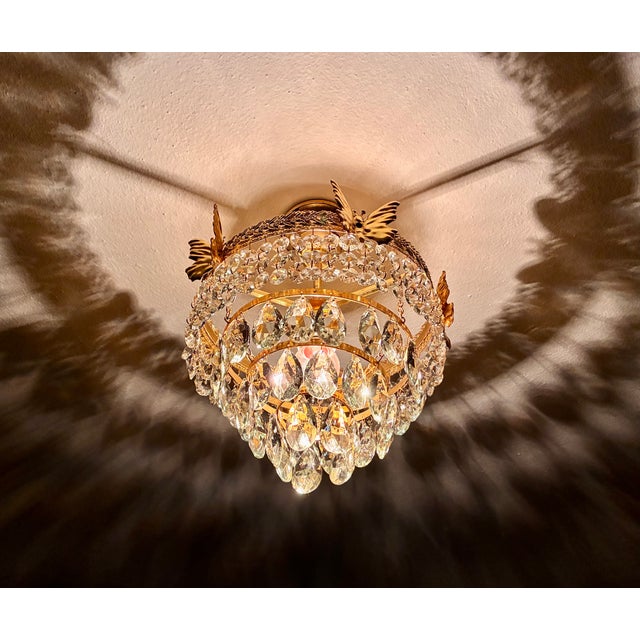 Vintage Brass Butterfly Flush Mount Light, Vintage Hand-Painted Light Green Crystal Basket Chandelier, Dramatic Radial Shadow Display For Sale - Image 4 of 15